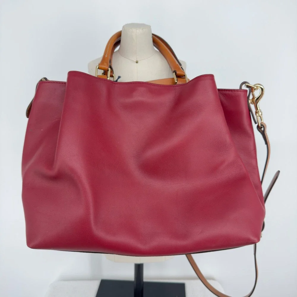Dooney & Bourke Large Barlow Wine Leather Satchel Bag LJ039 WN Red Tan Trim
